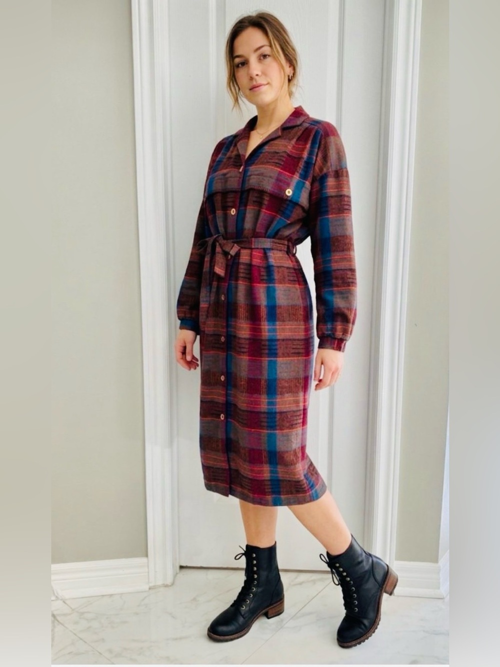 VTG ORITE Canada Plaid Button-Front Shirt Dress in Burgundy and Teal
